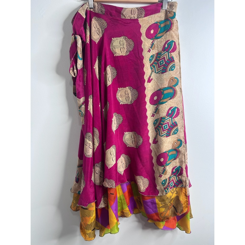 Darn Good Yarn Reversible Sari Wrap Skirt Buddha Butterfly Magenta Midi Skirt OS